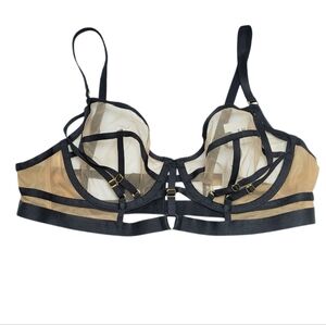 Hustler Willa Hollywood Black & Tan Balconette Bra with Sheer Mesh, 34D NWT